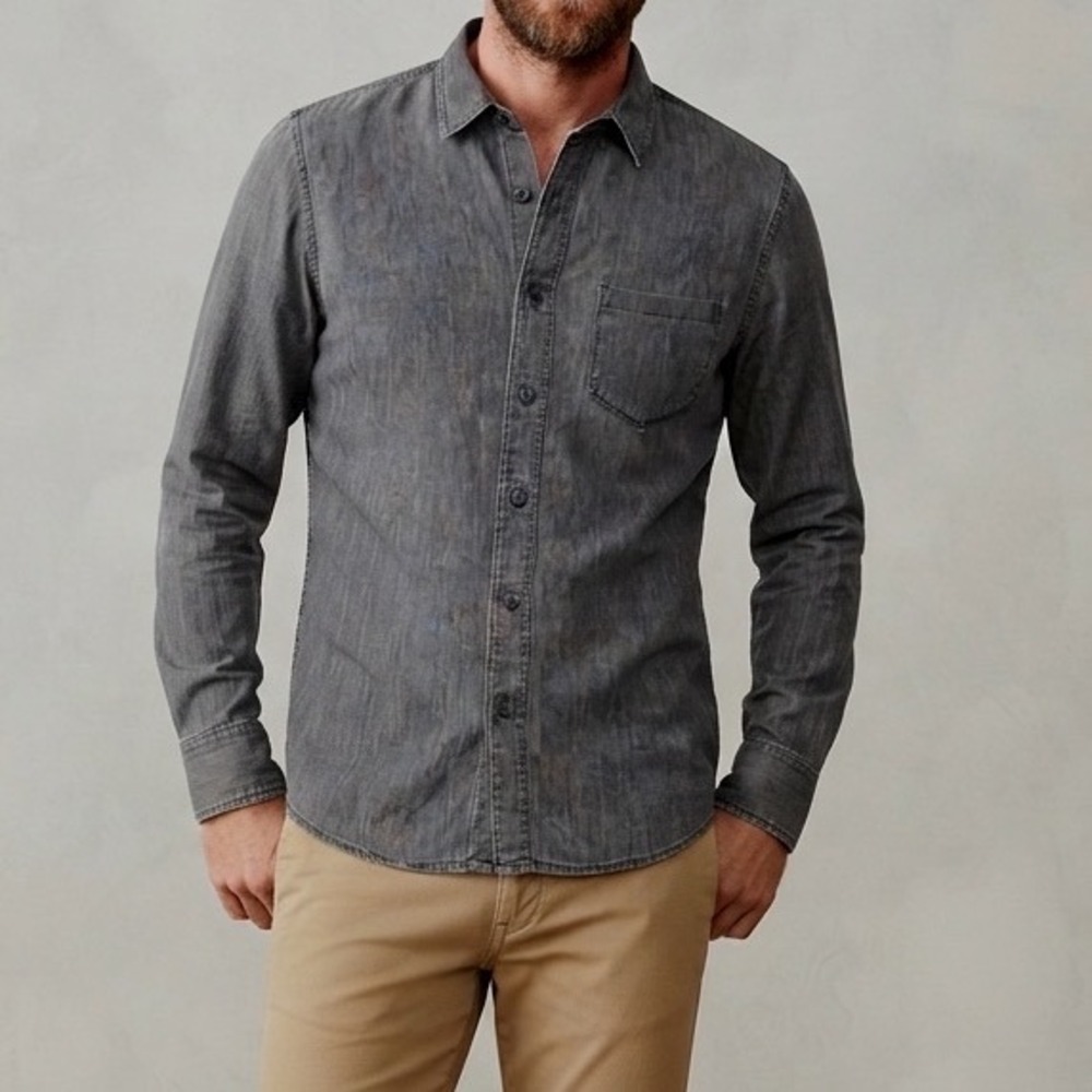 Madewell Mens Grey Denim Button Down Shirt Long Sleeve Cotton Pocket Large